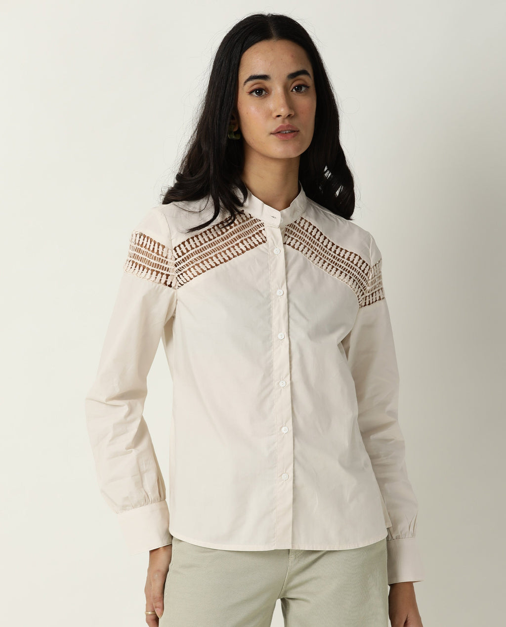 Rareism Women's Zoom Beige Cotton Mandarin Collar Plain Regular Fit Top