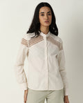Rareism Women's Zoom Beige Cotton Mandarin Collar Plain Regular Fit Top