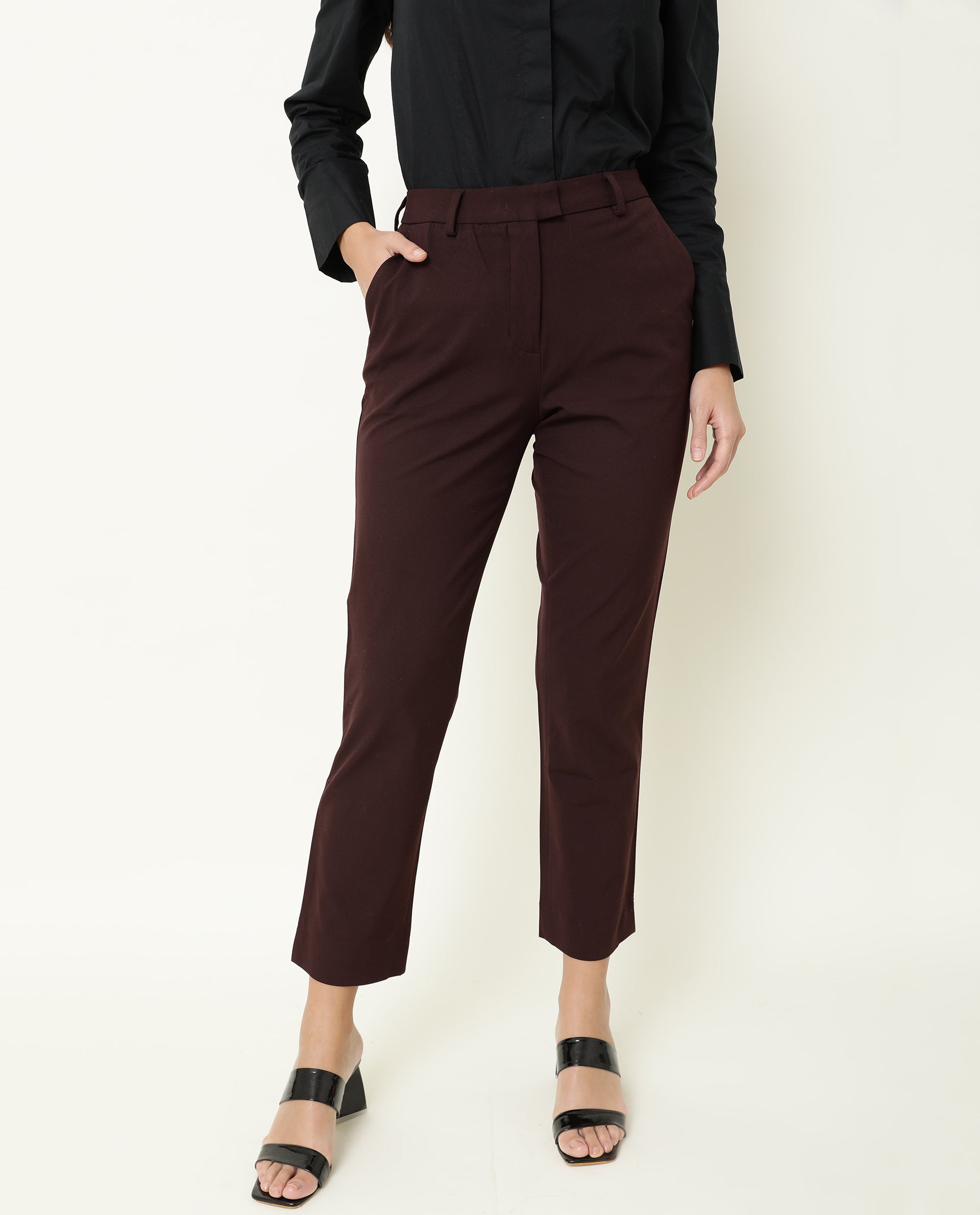 Rareism Women's Yard Maroon Polyester Blend Plain Ankle Length Tailored Trouser
