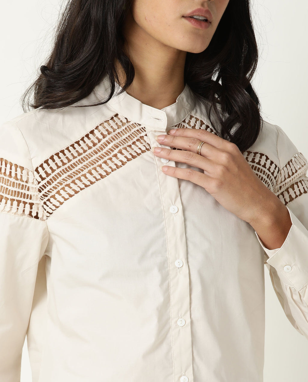 Rareism Women's Zoom Beige Cotton Mandarin Collar Plain Regular Fit Top
