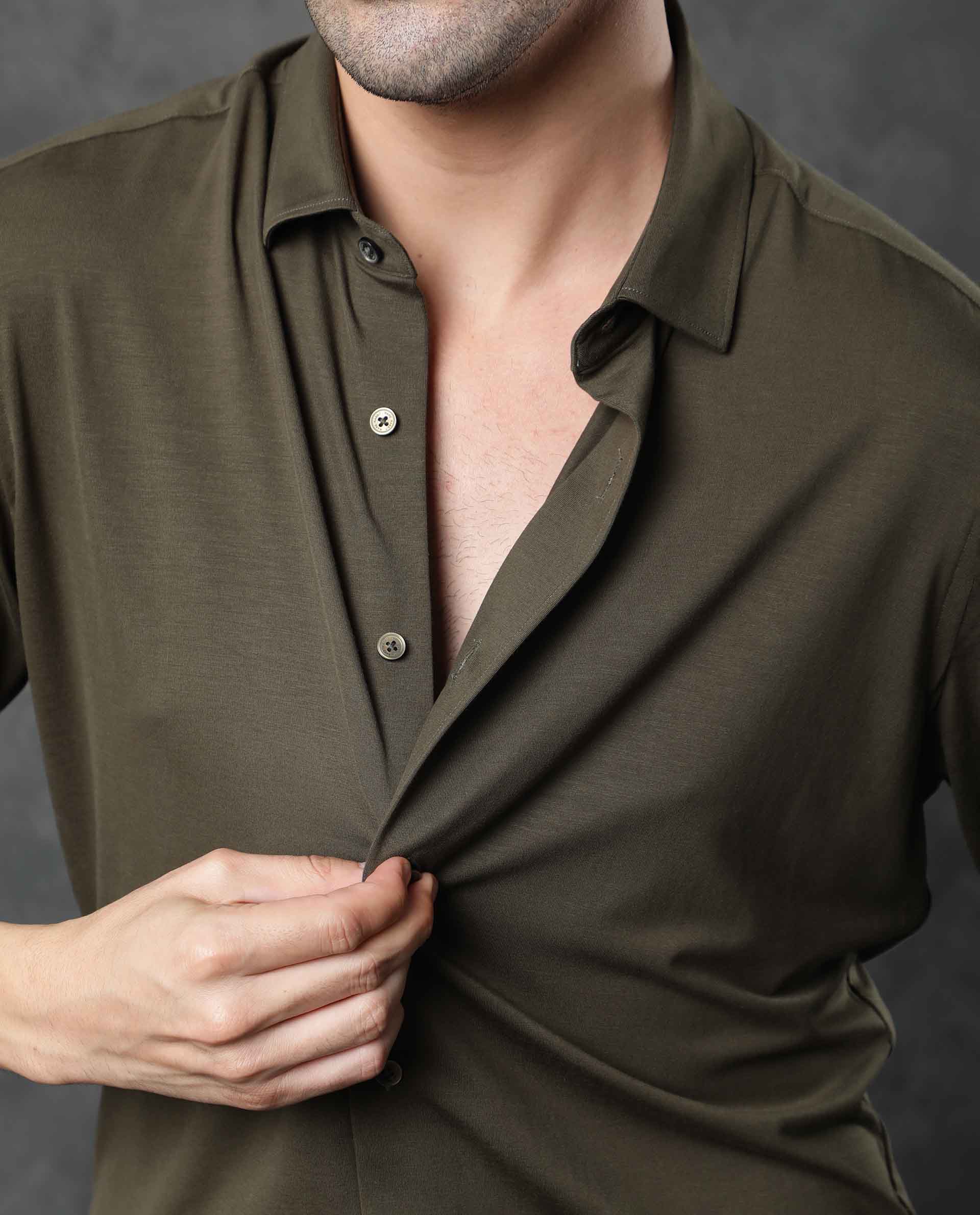 Rare Rabbit Men's Zac Olive Cotton Plain Tailored Fit Full Sleeve Collared Shirt
