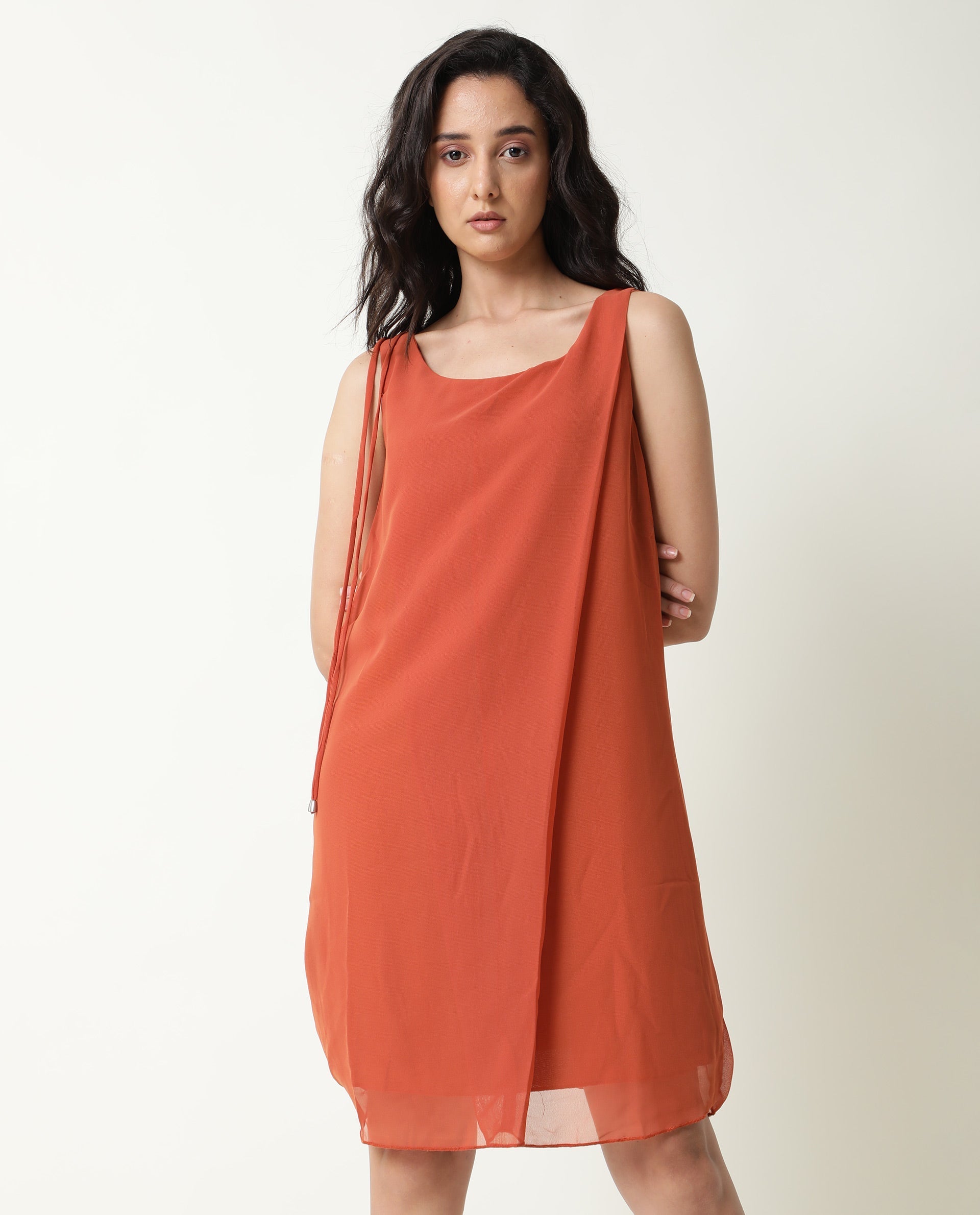Rareism Women's Saabo Rust Polyester Boat Neck Plain Sleeveless Knee Length Regular Fit Dress