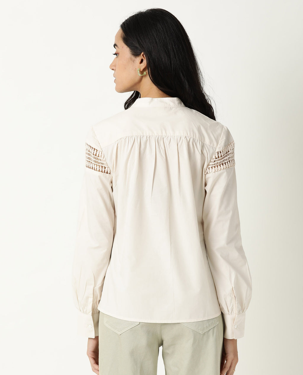 Rareism Women's Zoom Beige Cotton Mandarin Collar Plain Regular Fit Top