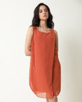 Rareism Women's Saabo Rust Polyester Boat Neck Plain Sleeveless Knee Length Regular Fit Dress