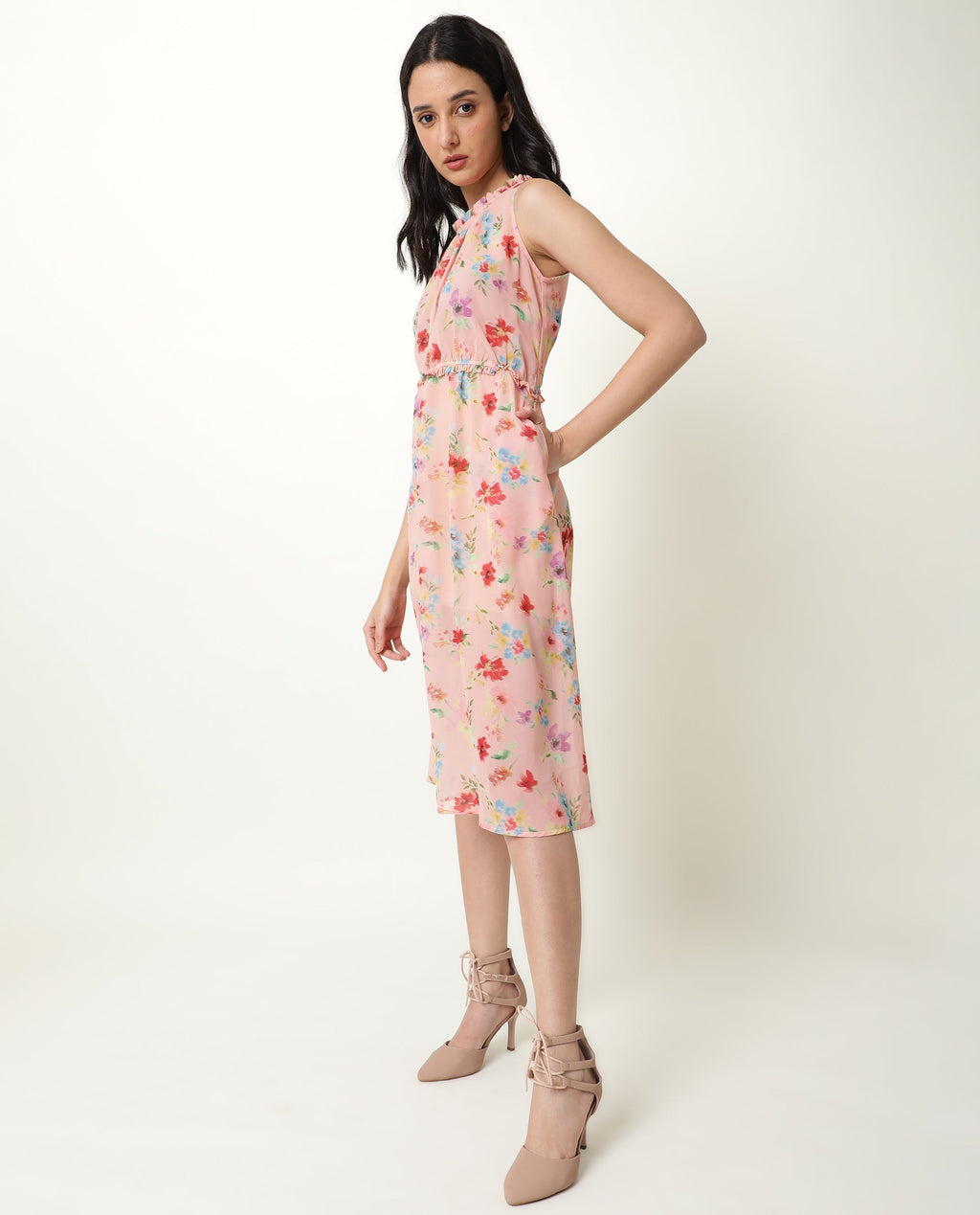 Rareism Women's Sack Peach Viscose Crew Neck Floral Print Sleeveless Knee Length Relaxed Fit Dress