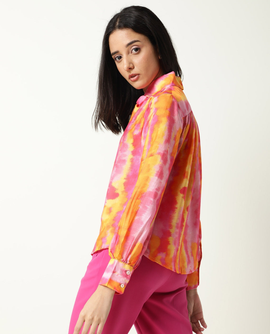 Rareism Women's Dense Pink Spread Collar Color Block Balloon Sleeve Knee Length Tailored Top