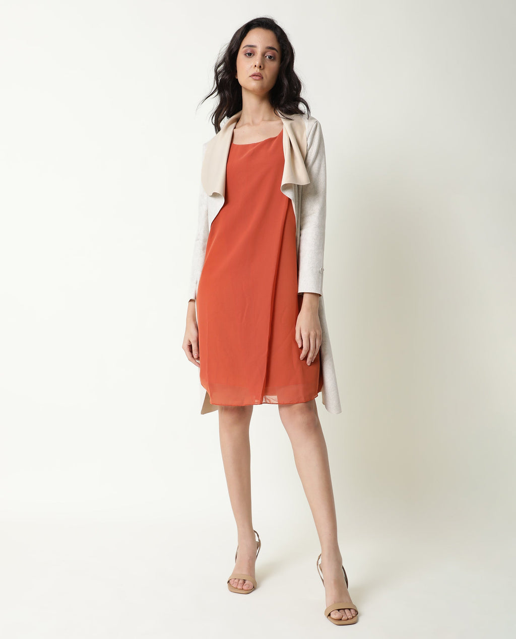 Rareism Women's Saabo Rust Polyester Boat Neck Plain Sleeveless Knee Length Regular Fit Dress