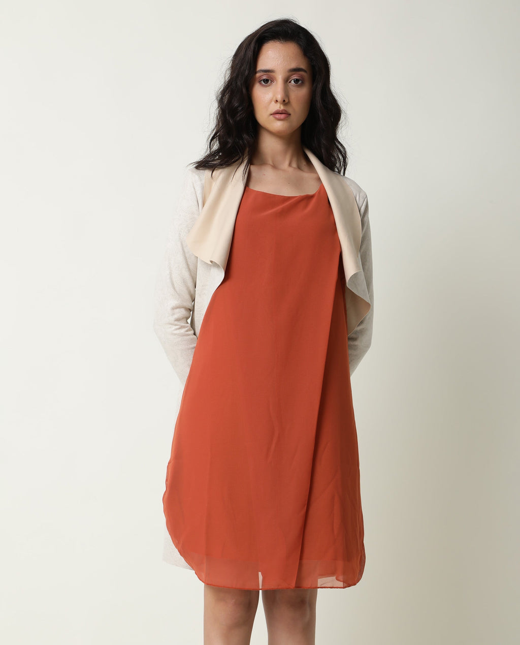 Rareism Women's Saabo Rust Polyester Boat Neck Plain Sleeveless Knee Length Regular Fit Dress