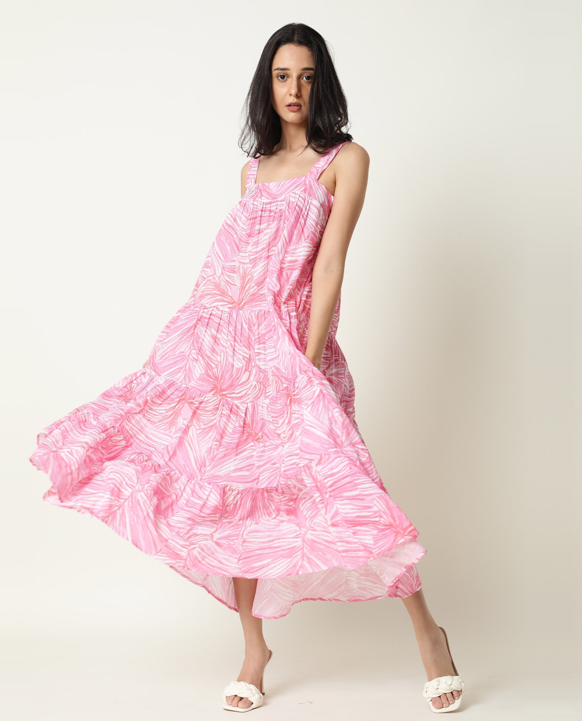 Rareism Women's Toddle Pink Polyester Blend Square Neck Floral Print Shoulder Strap Maxi Flared Dress