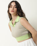 Rareism Women's Rylee Green Cotton Spread Collar Textured Sleeveless Crop Regular Fit Sweater