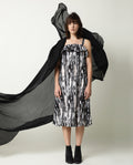 Rareism Women's Darling Black Cotton Collarless Abstract Print Shoulder Strap Knee Length Regular Fit Dress