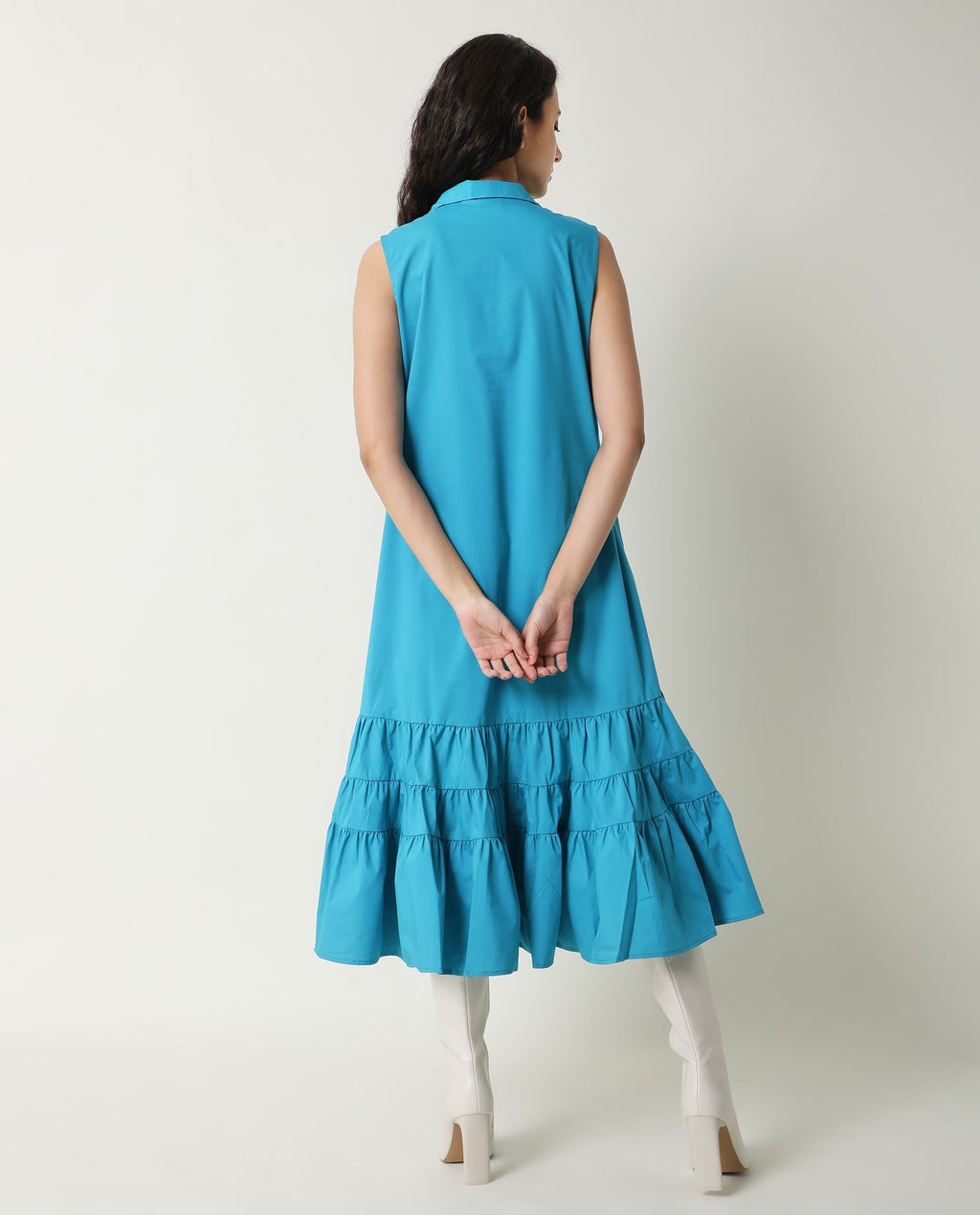 Rareism Women's Gino Blue Polyester Blend Tie-Up Neck Plain Sleeveless Knee Length Regular Fit Dress