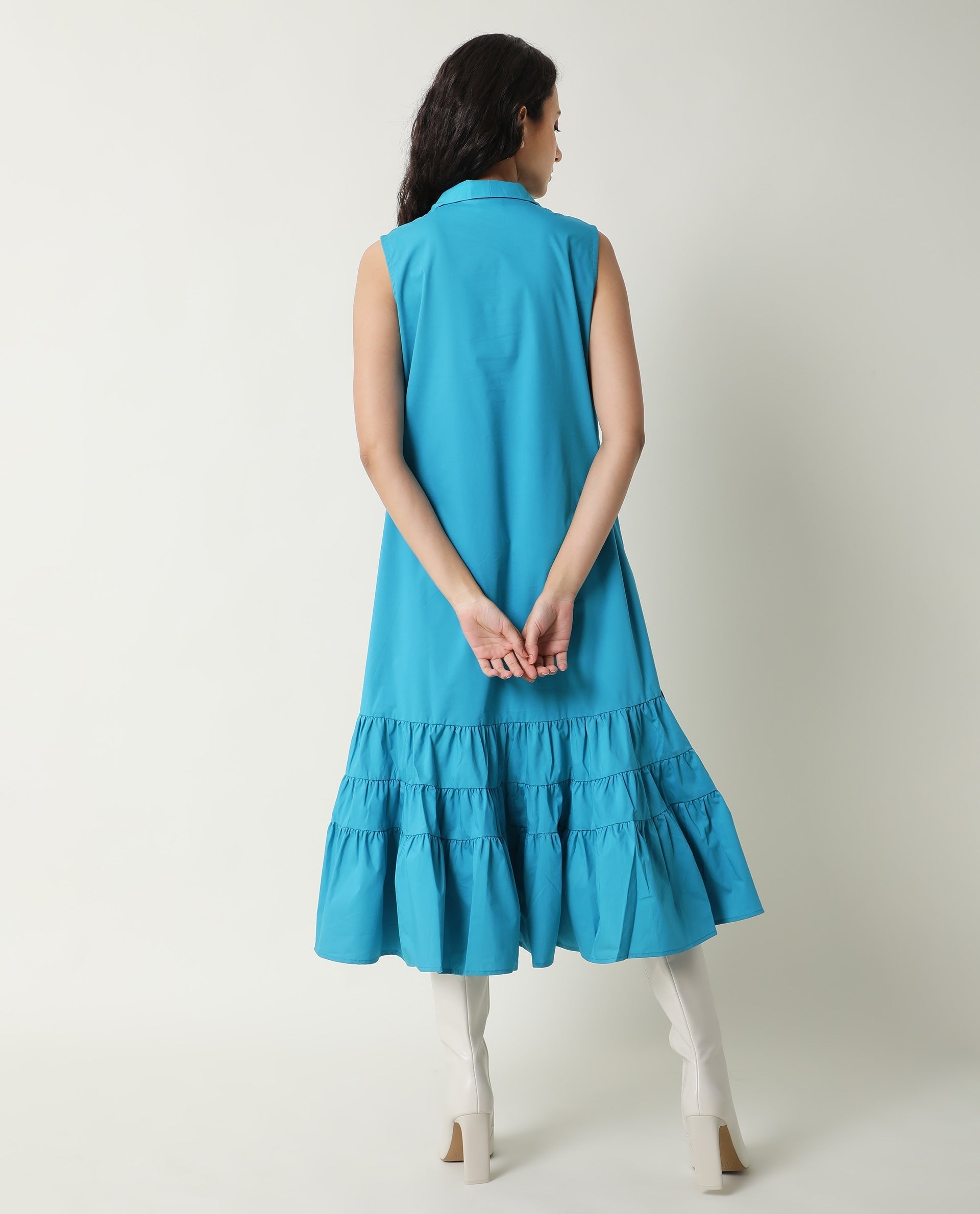 Rareism Women's Gino Blue Polyester Blend Tie-Up Neck Plain Sleeveless Knee Length Regular Fit Dress