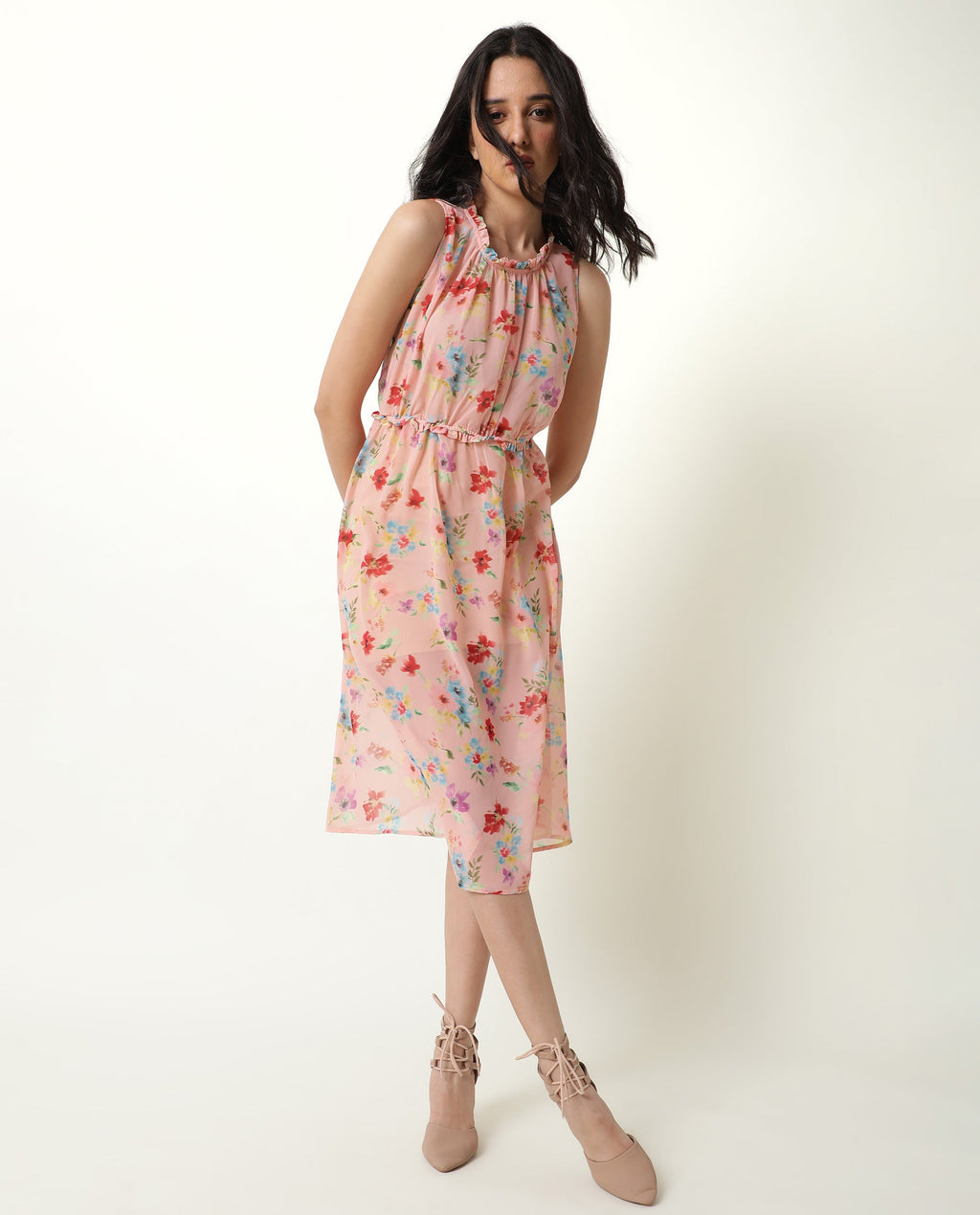 Rareism Women's Sack Peach Viscose Crew Neck Floral Print Sleeveless Knee Length Relaxed Fit Dress