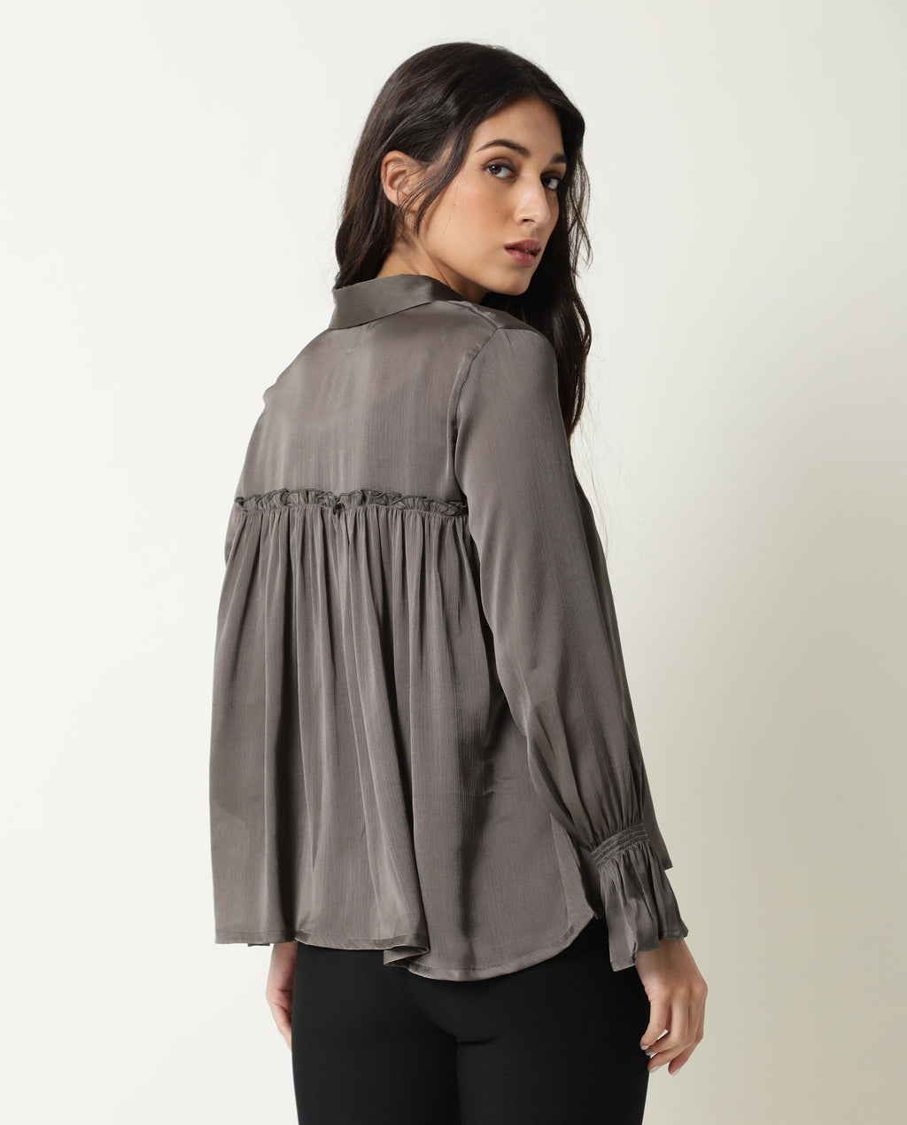 Rareism Women's Poetess Grey Tie-Up Neck Plain Knee Length Tailored Top
