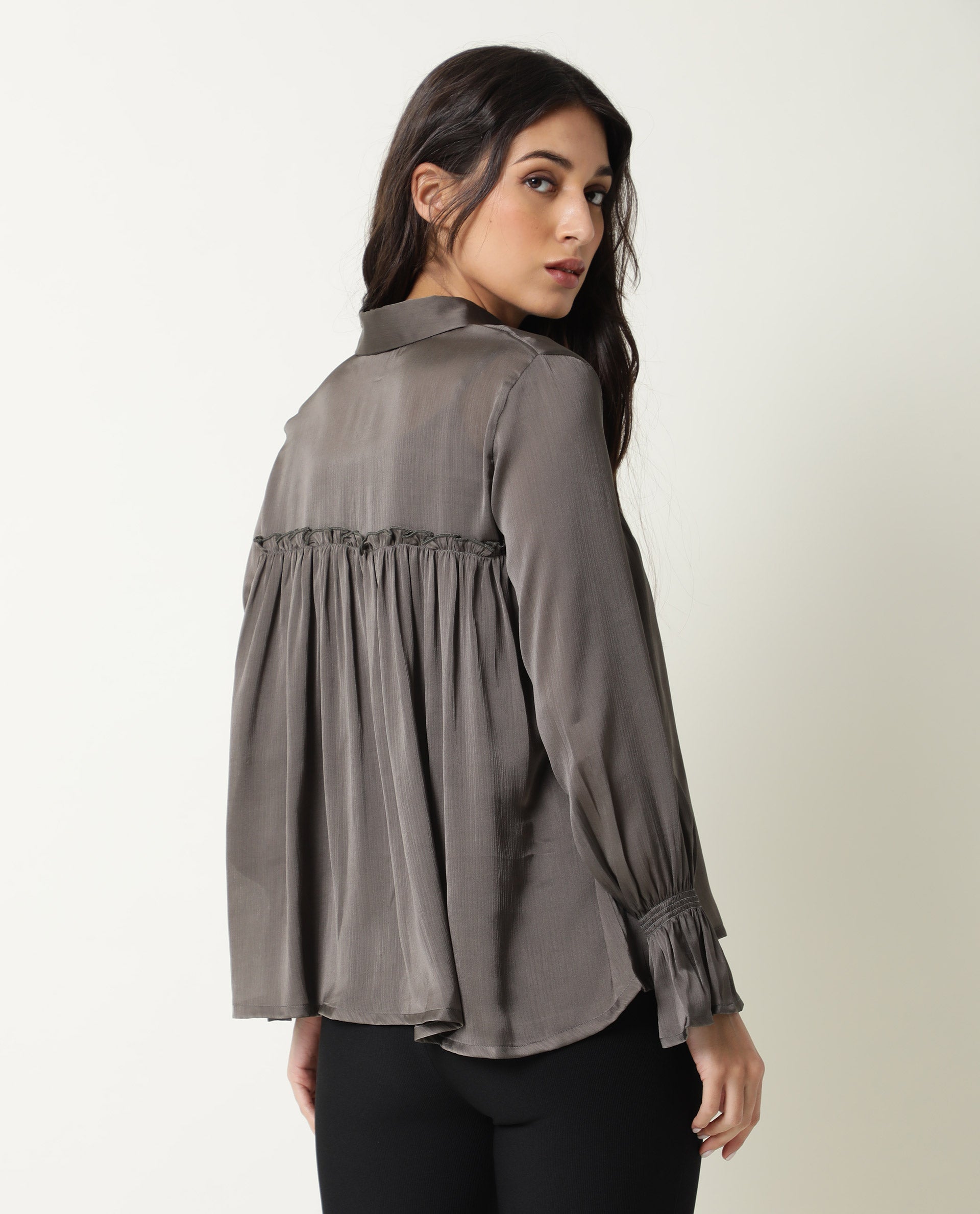 Rareism Women's Poetess Grey Tie-Up Neck Plain Knee Length Tailored Top