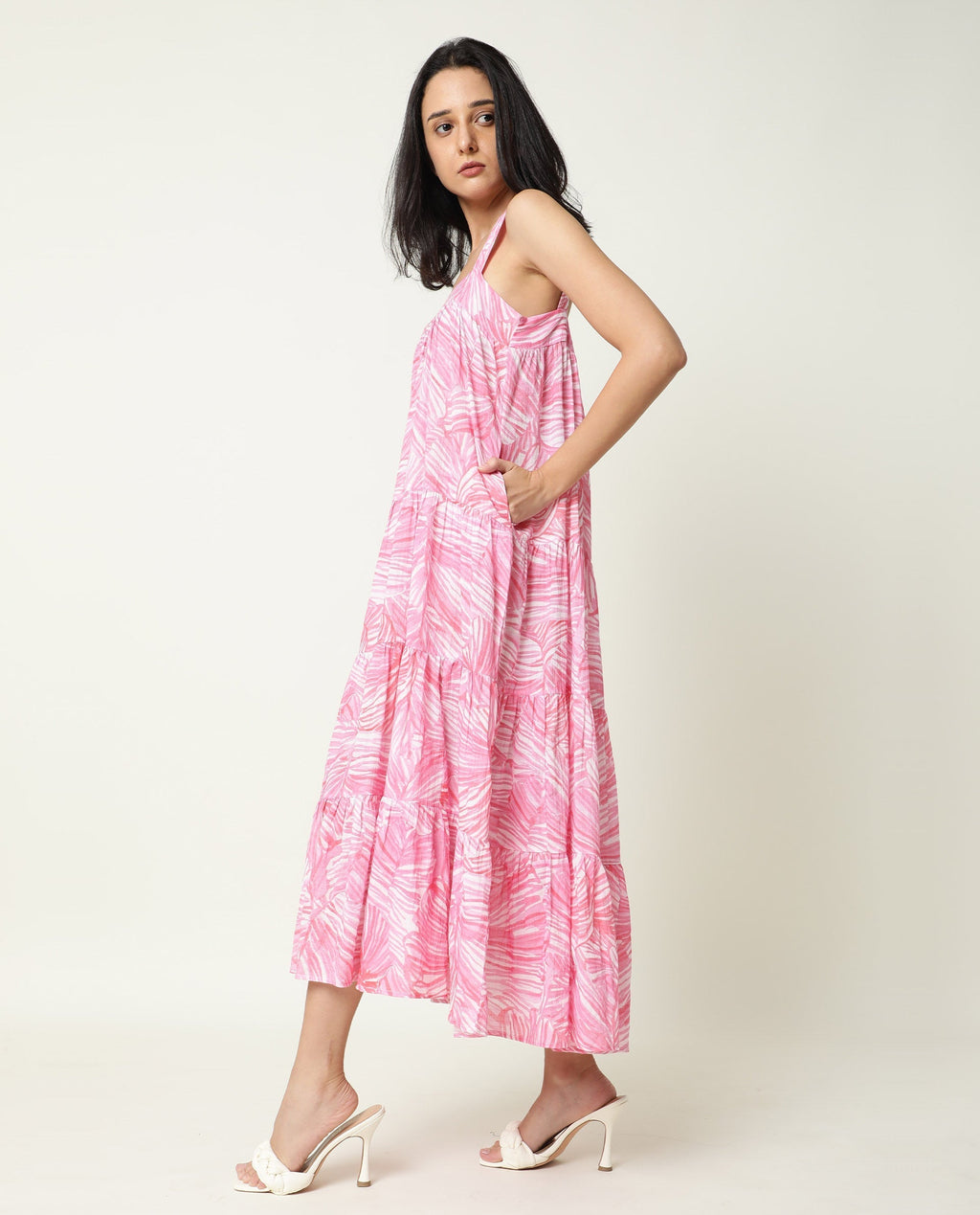 Rareism Women's Toddle Pink Polyester Blend Square Neck Floral Print Shoulder Strap Maxi Flared Dress