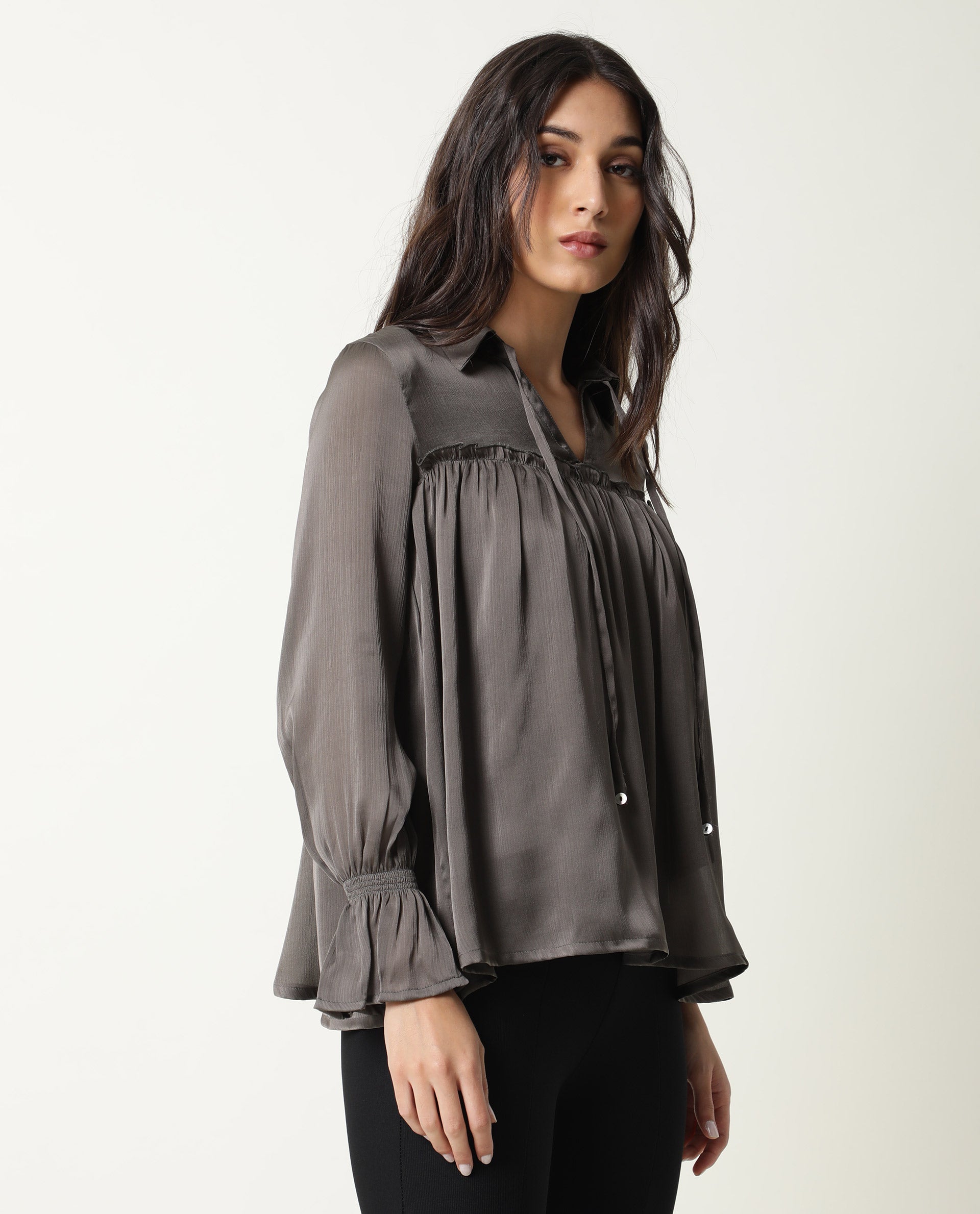 Rareism Women's Poetess Grey Tie-Up Neck Plain Knee Length Tailored Top