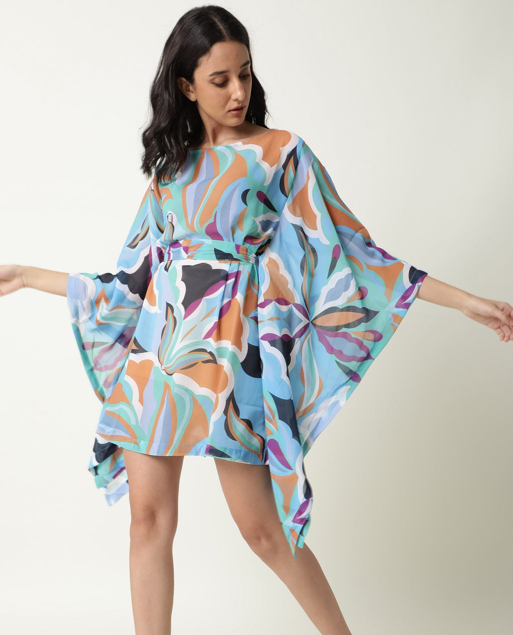 Rareism Women's Meevio Multi Boat Neck Abstract Print Flared Sleeve Knee Length Regular Fit Dress