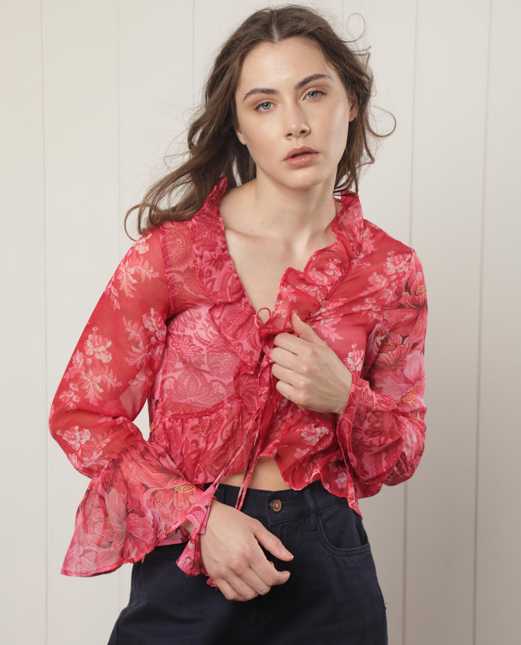 Rareism Women's Myloh Maroon Polyester V-Neck Floral Print Bell Sleeve Crop Regular Fit Shrug