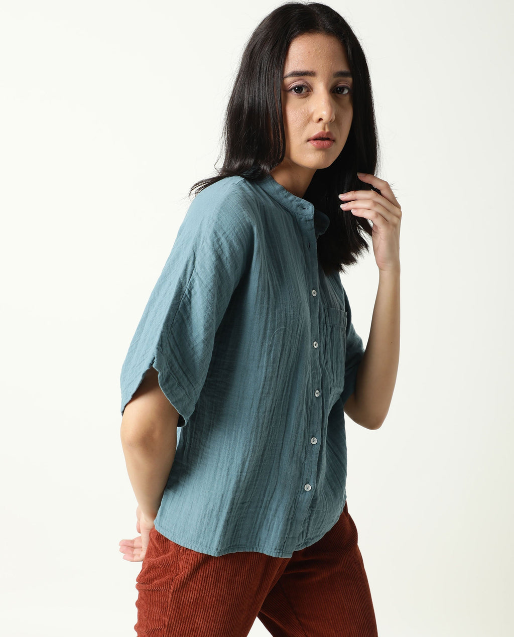 Rareism Women's Imro Green Mandarin Collar Plain Knee Length Tailored Top
