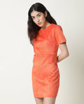 Rareism Women's Sions Orange Polyester Crew Neck Plain Knee Length Tailored Dress