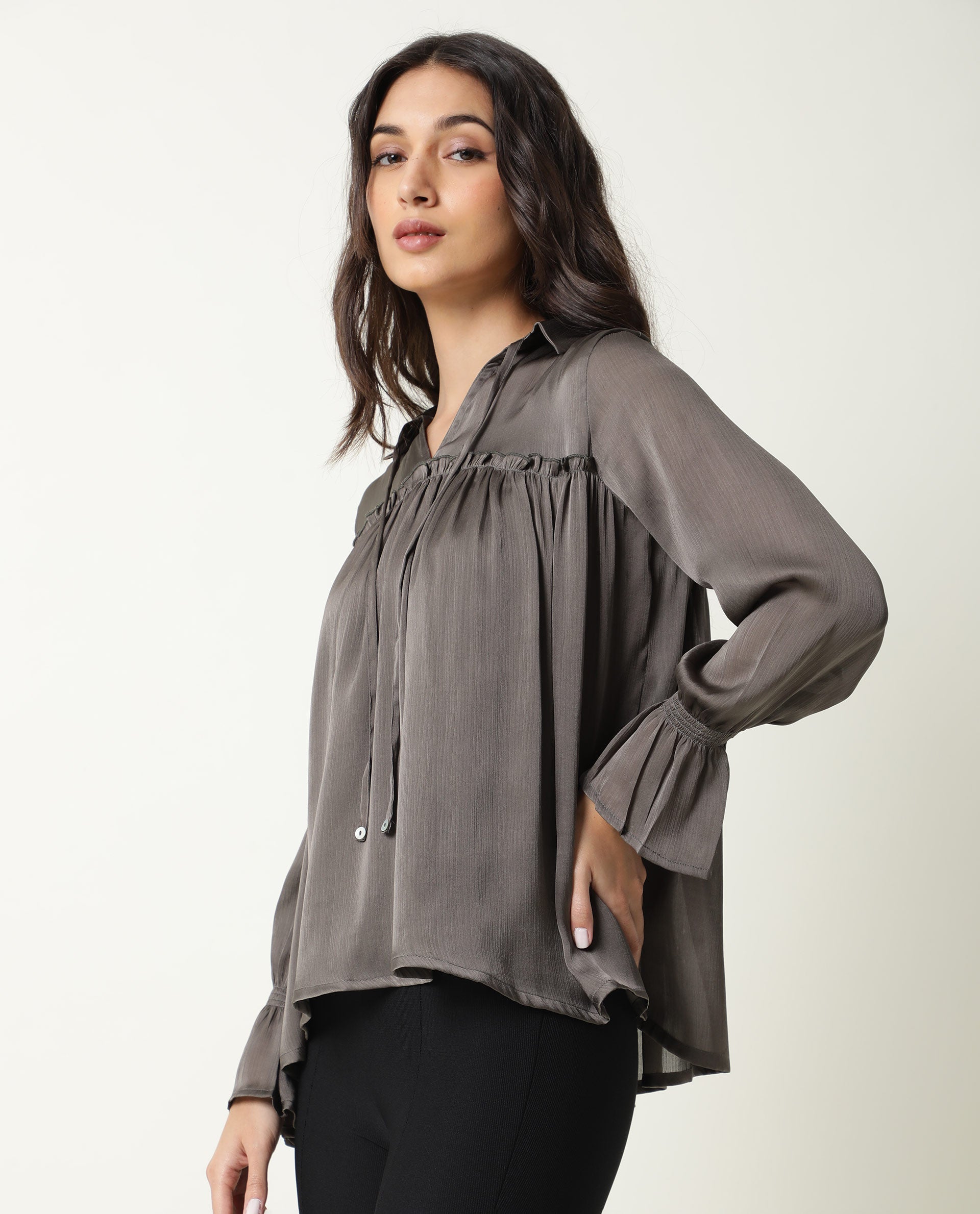 Rareism Women's Poetess Grey Tie-Up Neck Plain Knee Length Tailored Top
