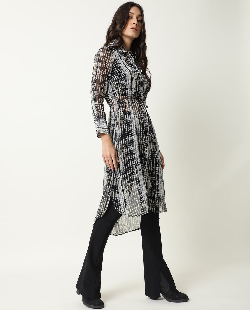 Rareism Women's Ito Black Spread Collar Abstract Print Knee Length Regular Fit Dress