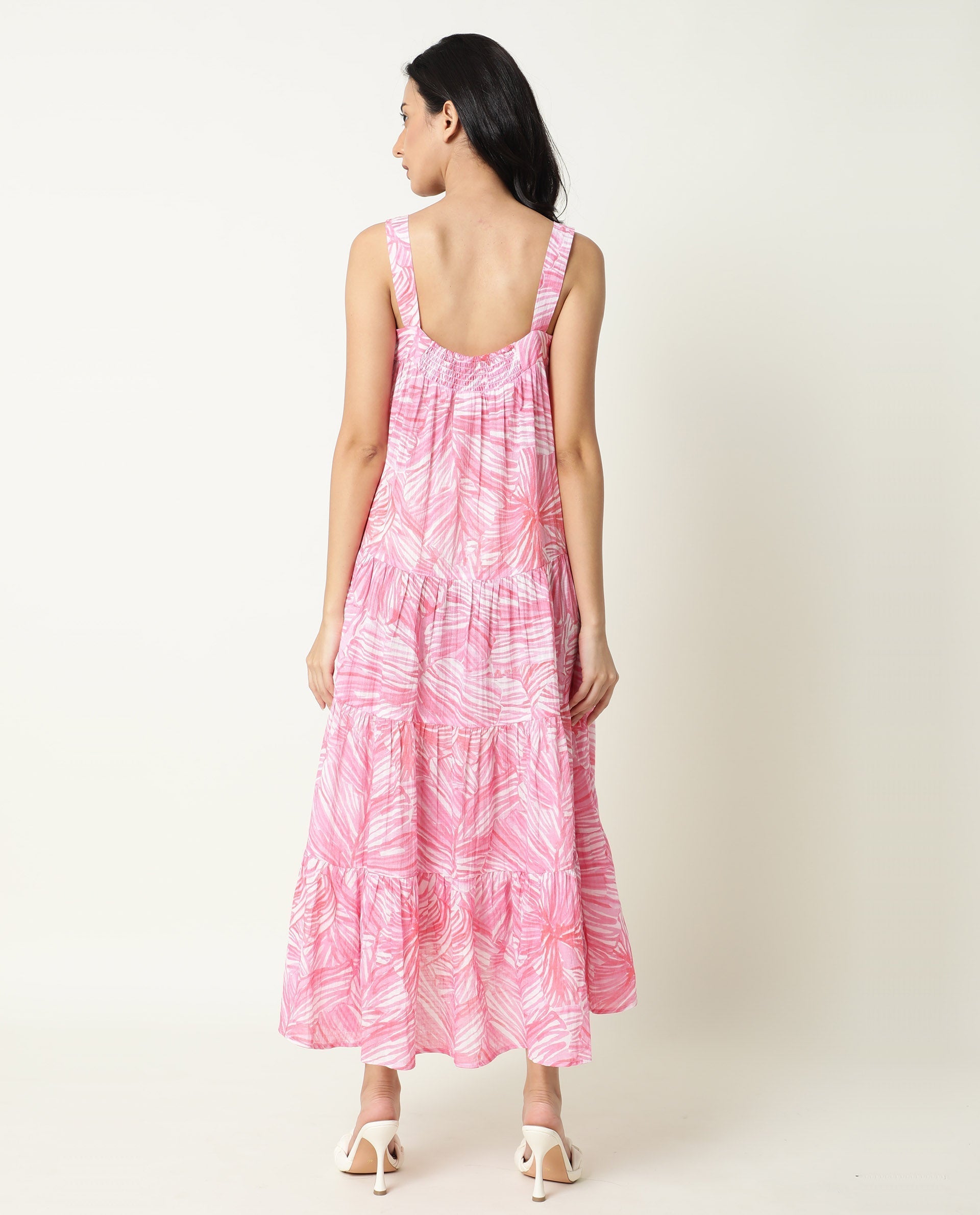 Rareism Women's Toddle Pink Polyester Blend Square Neck Floral Print Shoulder Strap Maxi Flared Dress