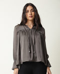 Rareism Women's Poetess Grey Tie-Up Neck Plain Knee Length Tailored Top