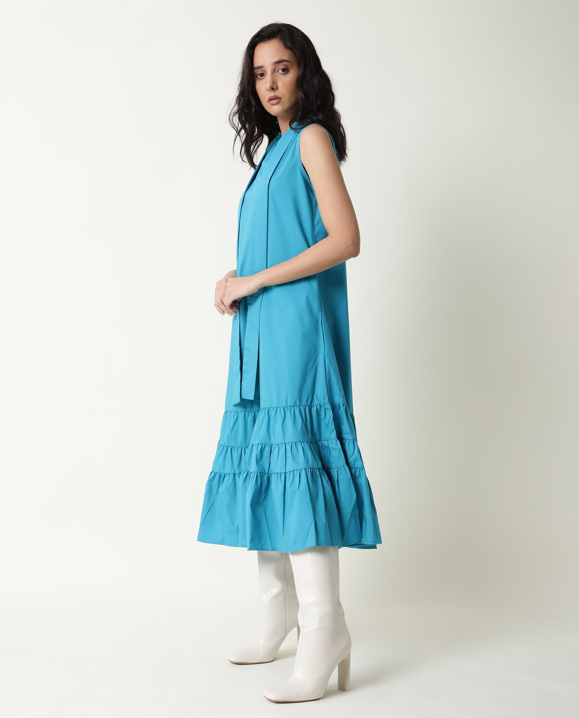 Rareism Women's Gino Blue Polyester Blend Tie-Up Neck Plain Sleeveless Knee Length Regular Fit Dress