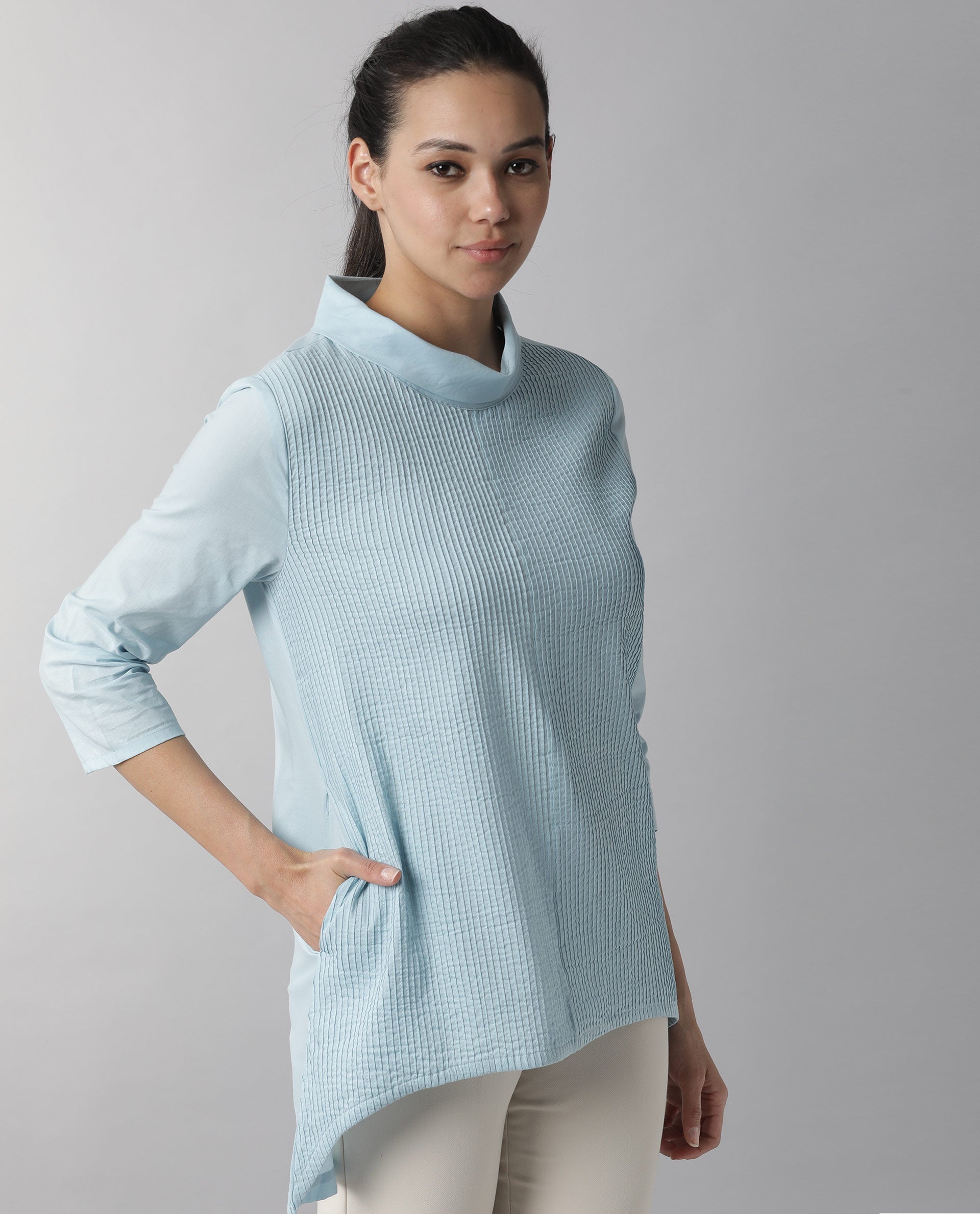 Rareism Women's Printol Blue Cotton Turtle Neck Plain Regular Fit Top
