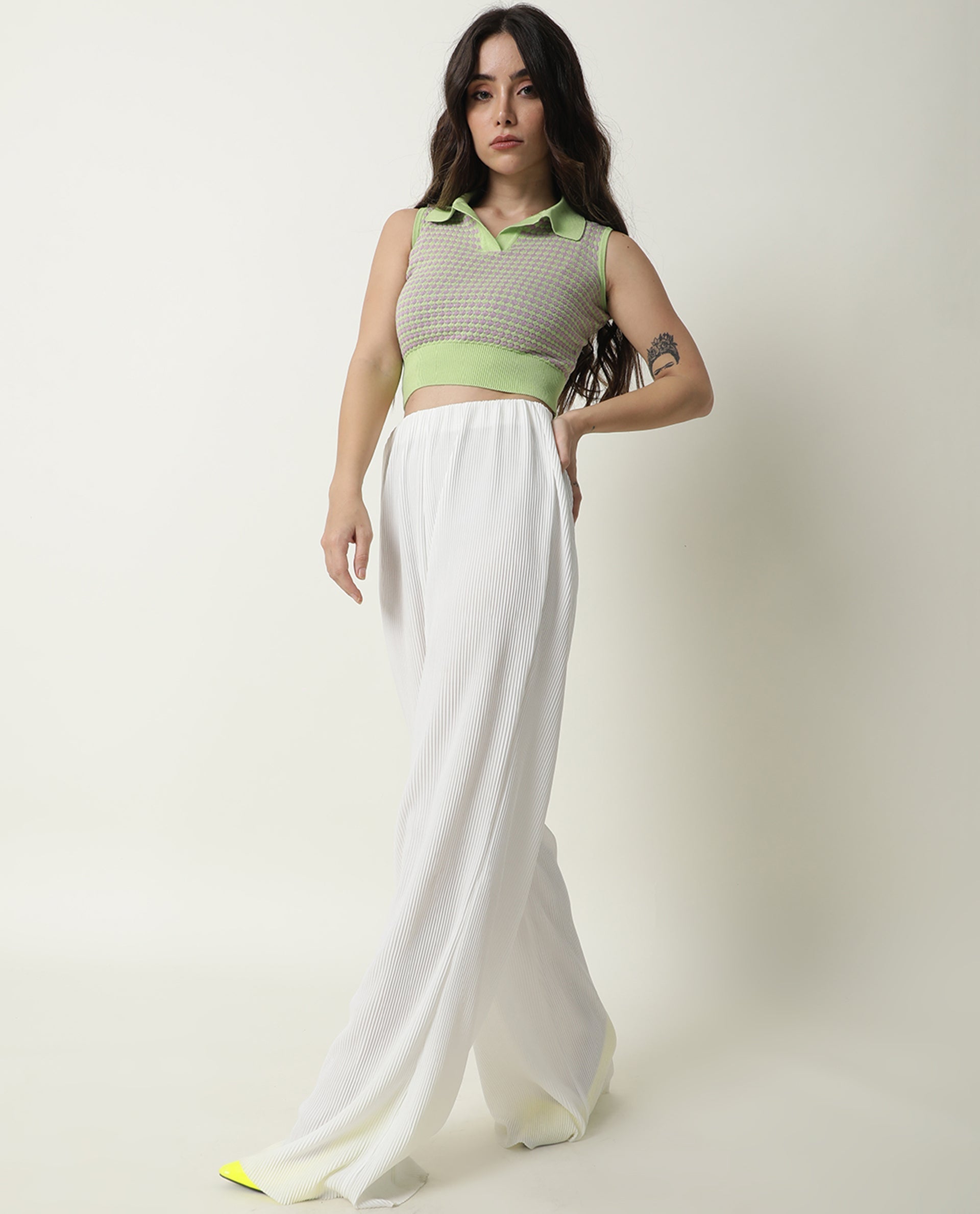 Rareism Women's Rylee Green Cotton Spread Collar Textured Sleeveless Crop Regular Fit Sweater