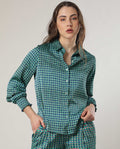 Rareism Women's Emileo Green Polyester Spread Collar Geometric Print Relaxed Fit Top