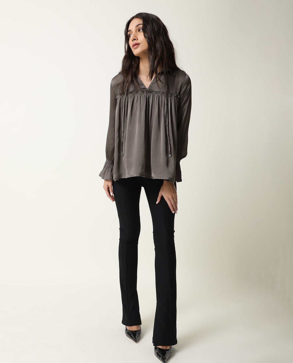 Rareism Women's Poetess Grey Tie-Up Neck Plain Knee Length Tailored Top