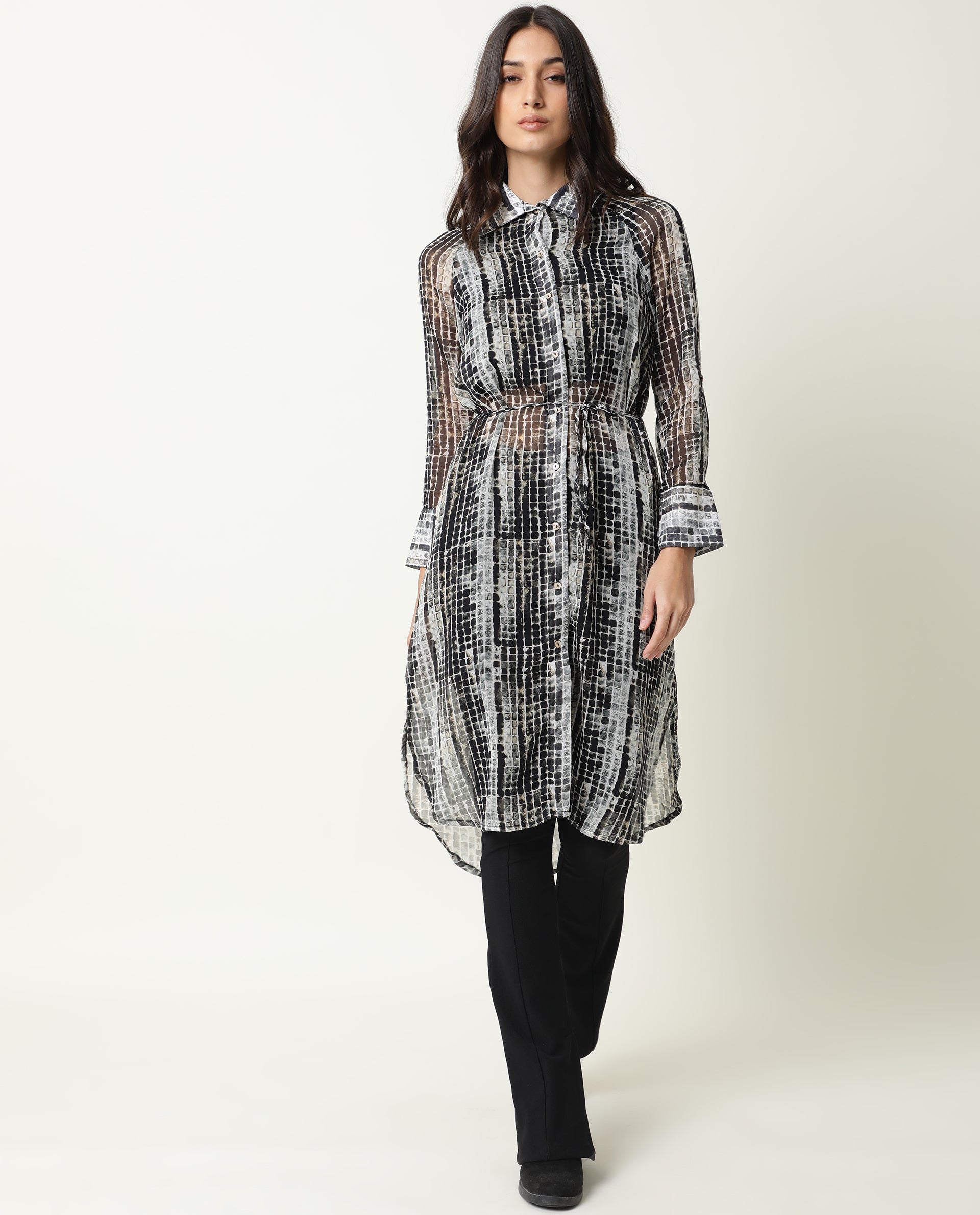 Rareism Women's Ito Black Spread Collar Abstract Print Knee Length Regular Fit Dress