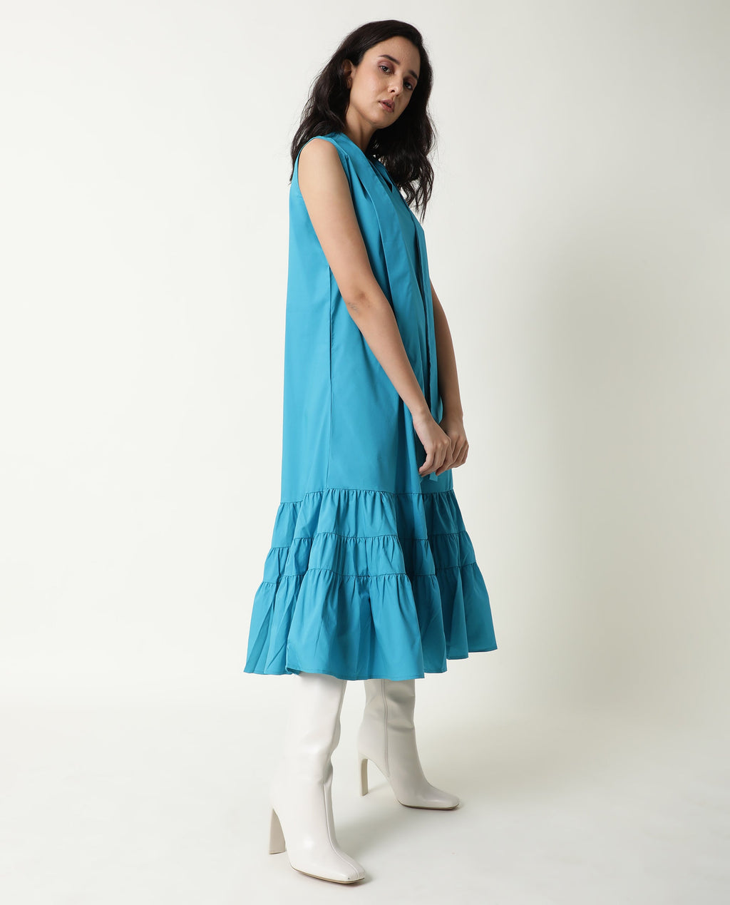 Rareism Women's Gino Blue Polyester Blend Tie-Up Neck Plain Sleeveless Knee Length Regular Fit Dress