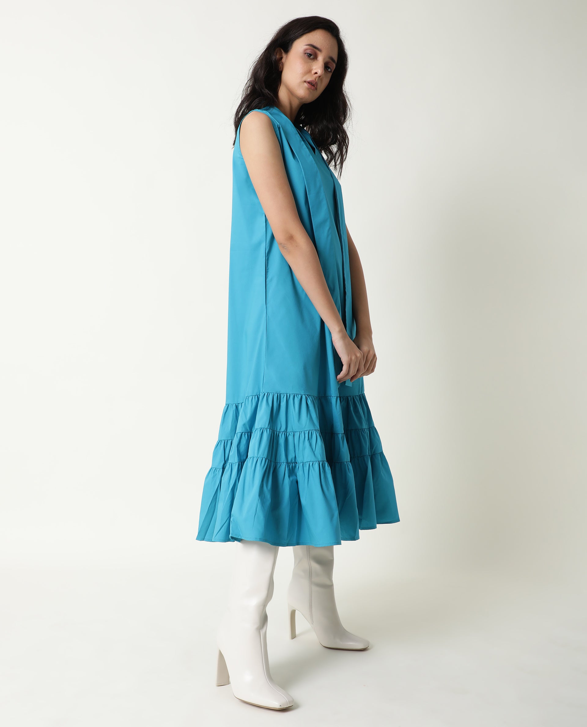 Rareism Women's Gino Blue Polyester Blend Tie-Up Neck Plain Sleeveless Knee Length Regular Fit Dress