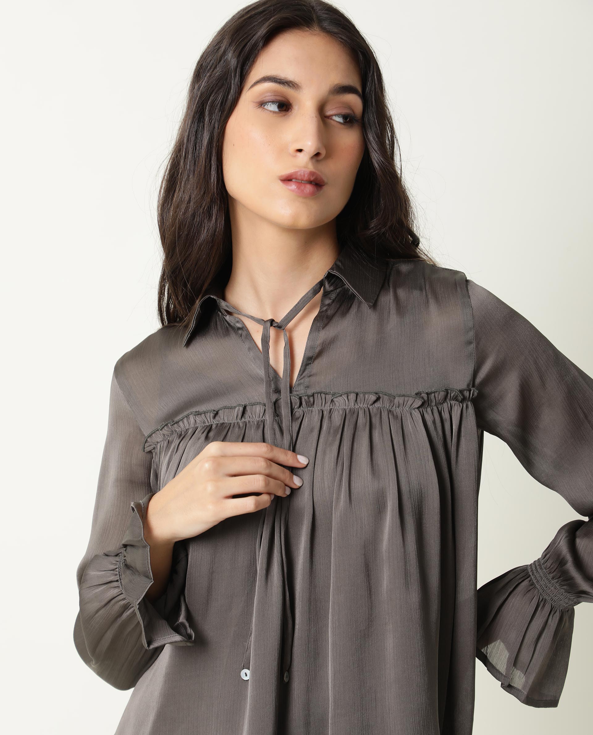 Rareism Women's Poetess Grey Tie-Up Neck Plain Knee Length Tailored Top