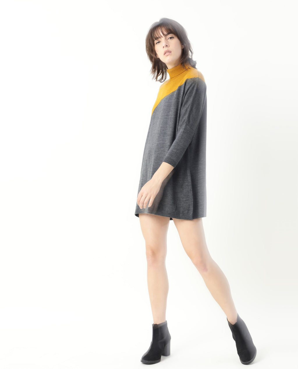 Rareism Women's Spaton Grey Acrylic High Neck Color Block Knee Length Regular Fit Sweater