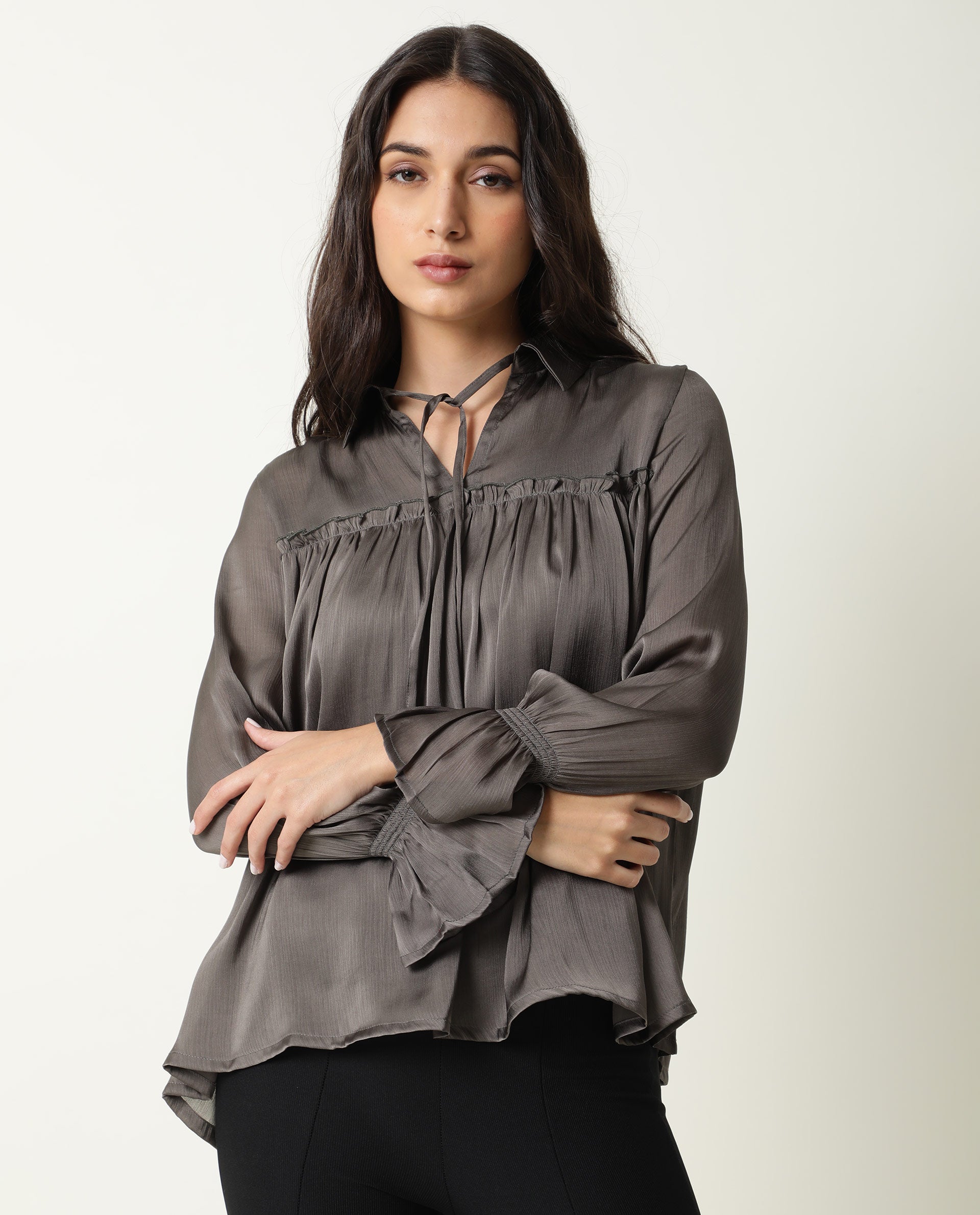 Rareism Women's Poetess Grey Tie-Up Neck Plain Knee Length Tailored Top
