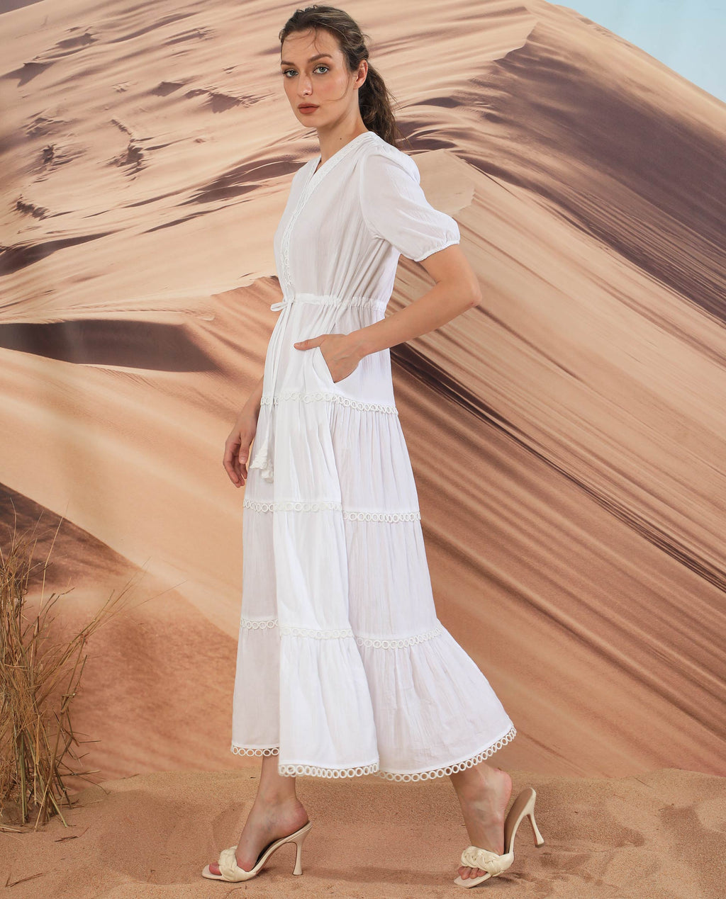 Rareism Women's Rivoli White Cotton V-Neck Plain Balloon Sleeve Maxi Regular Fit Dress