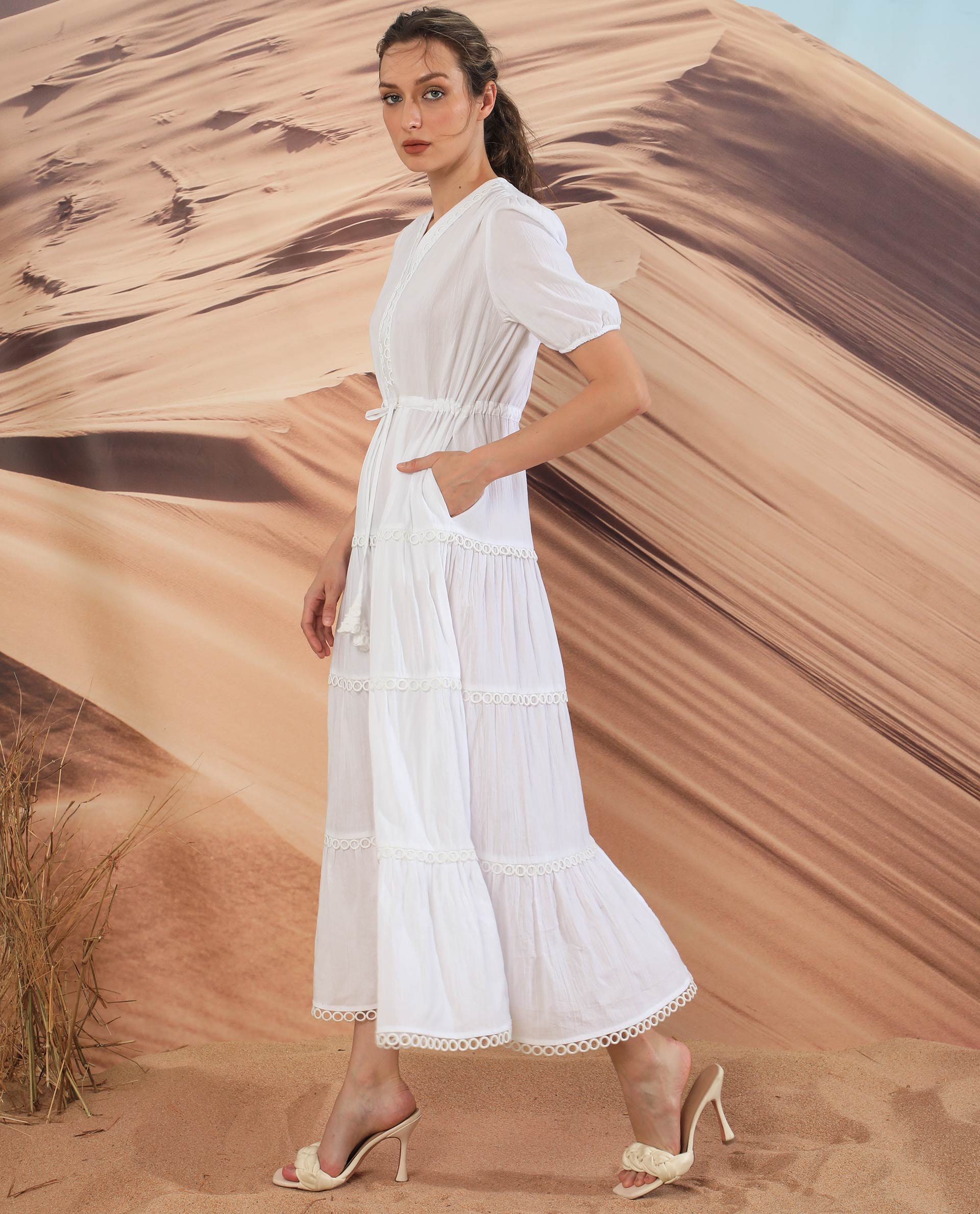 Rareism Women's Rivoli White Cotton V-Neck Plain Balloon Sleeve Maxi Regular Fit Dress