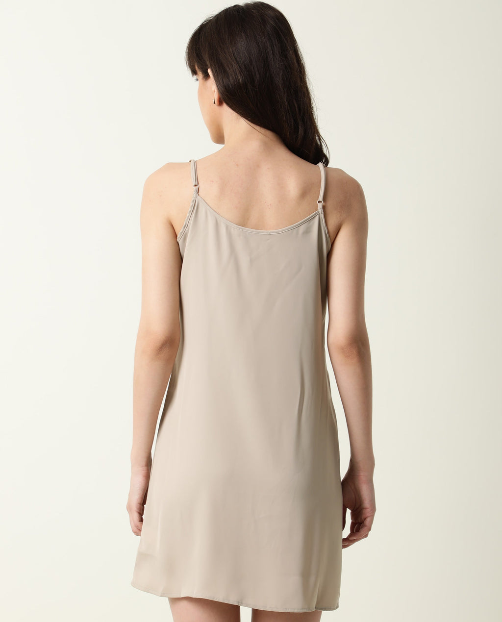 Rareism Women's Slipos Grey Polyester V-Neck Plain Shoulder Strap Knee Length Regular Fit Inner Wear
