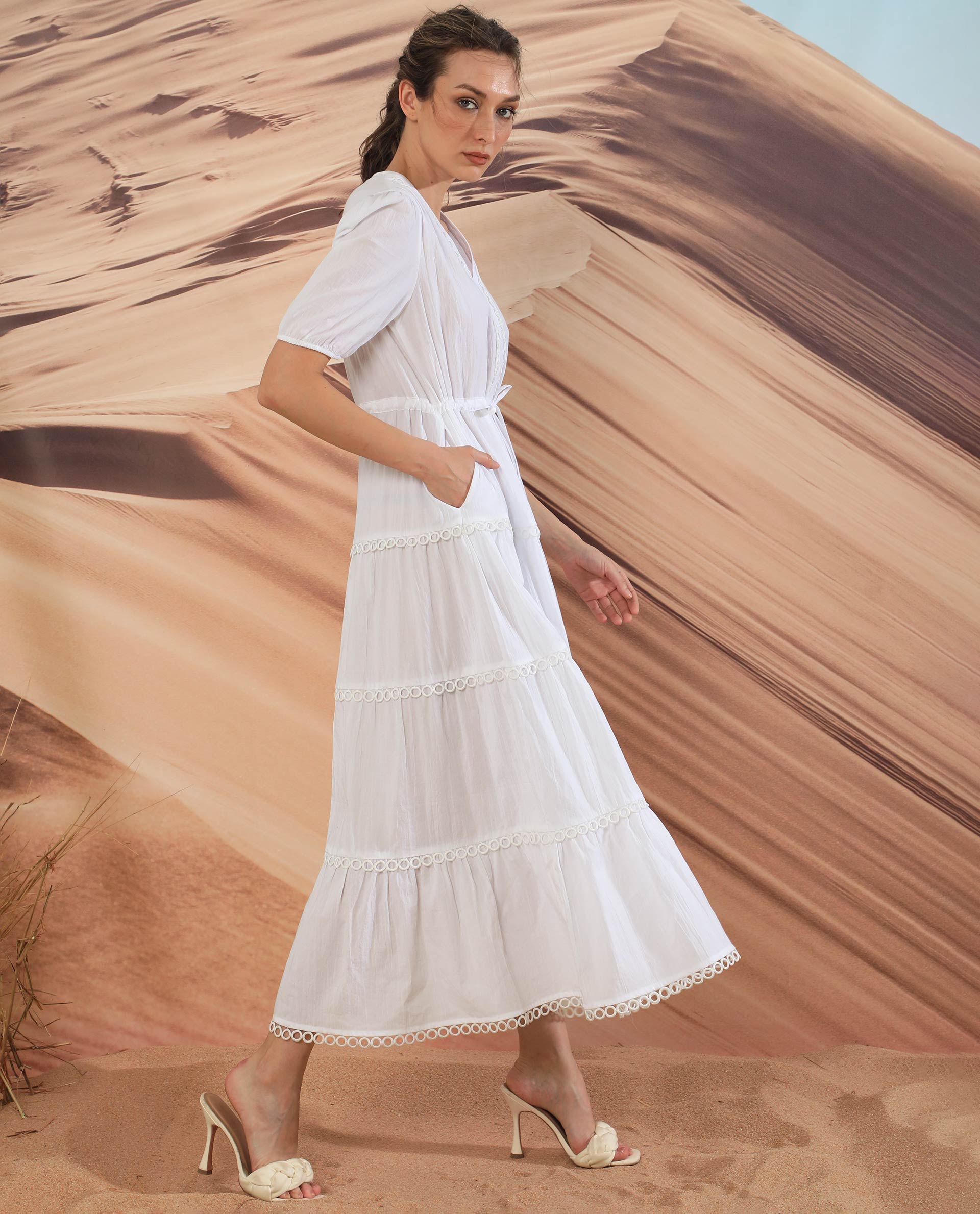 Rareism Women's Rivoli White Cotton V-Neck Plain Balloon Sleeve Maxi Regular Fit Dress