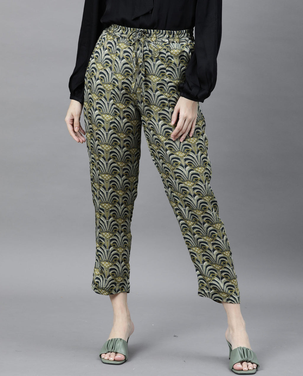 Rareism Women's Globe Green Modal Abstract Print Ankle Length Regular Fit Trouser