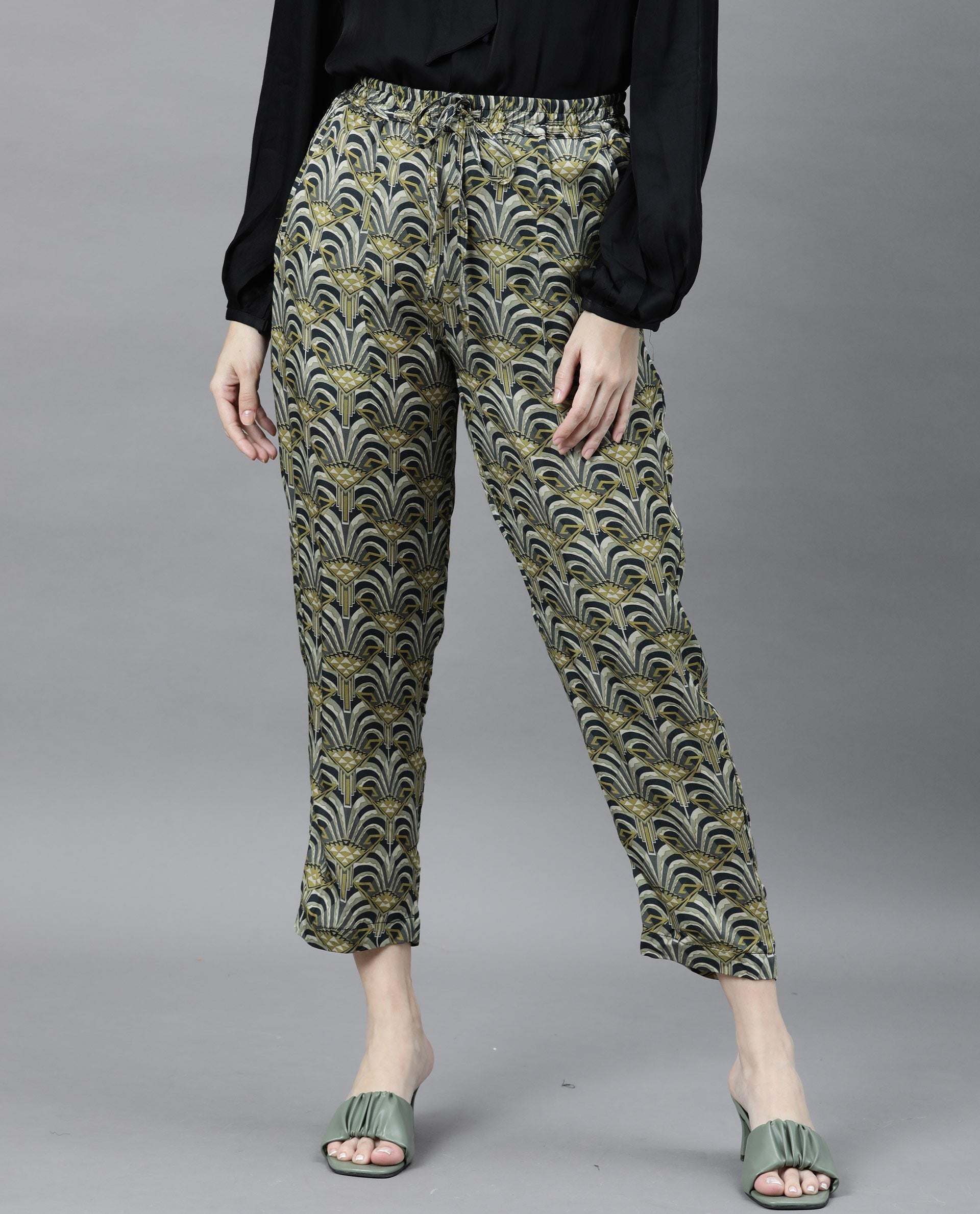 Rareism Women's Globe Green Modal Abstract Print Ankle Length Regular Fit Trouser