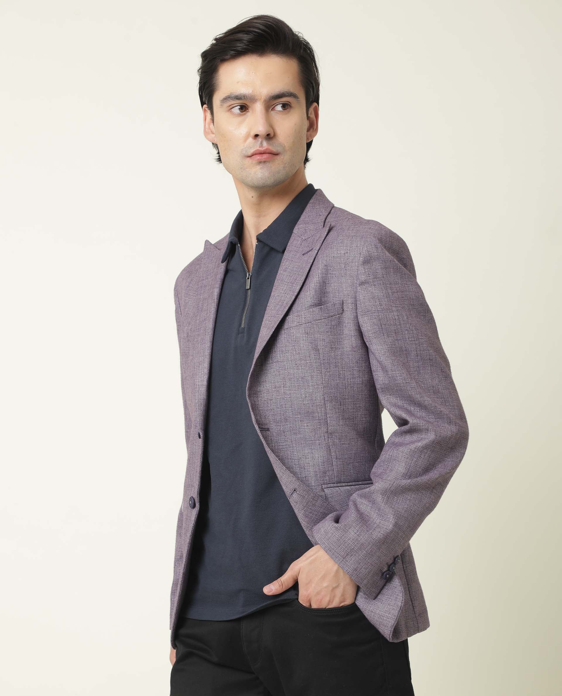 Rare Rabbit Men's Drews Purple Polyester Plain Tailored Fit Full Sleeve Lapel Neck Blazer