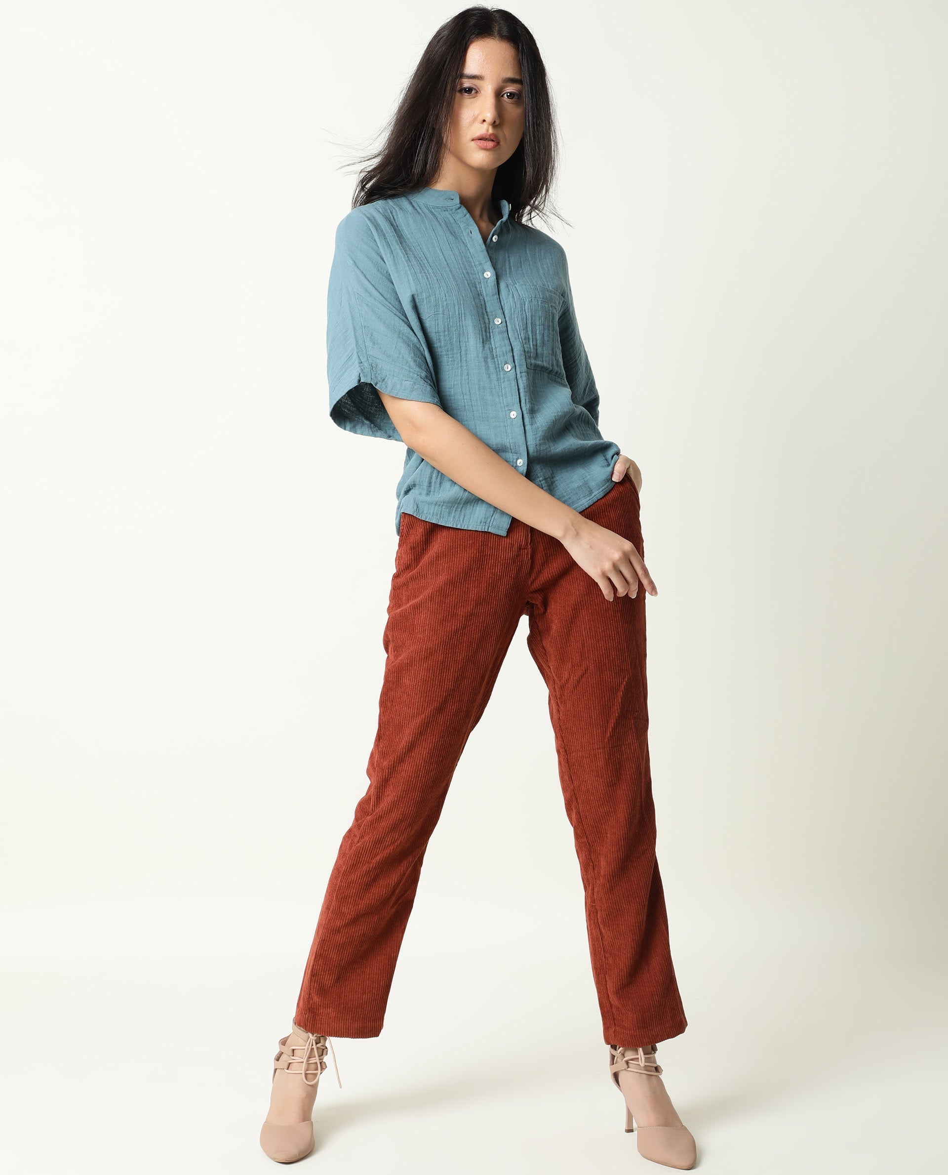 Rareism Women's Imro Green Mandarin Collar Plain Knee Length Tailored Top