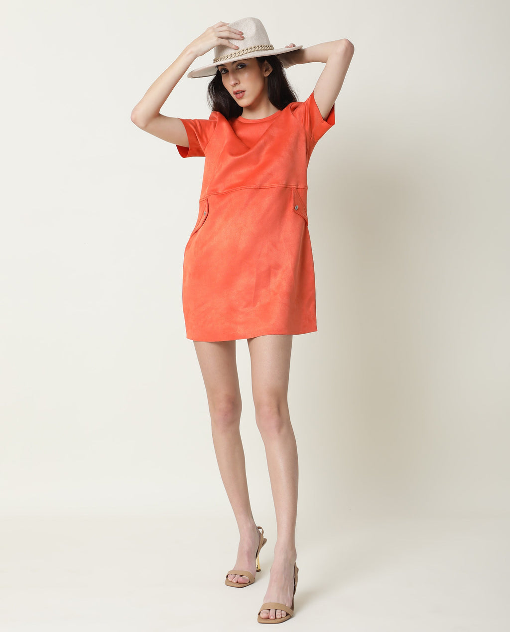 Rareism Women's Sions Orange Polyester Crew Neck Plain Knee Length Tailored Dress